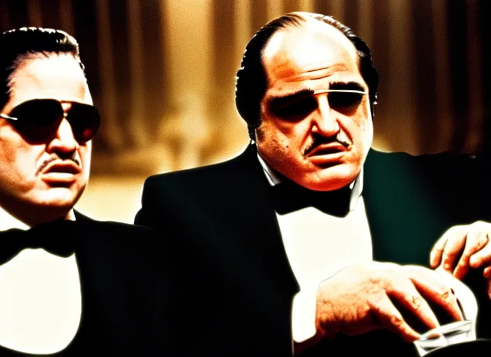 Image similar to film still of Danny de Vito as the Godfather 1972, cineastic, brown colors, 8K