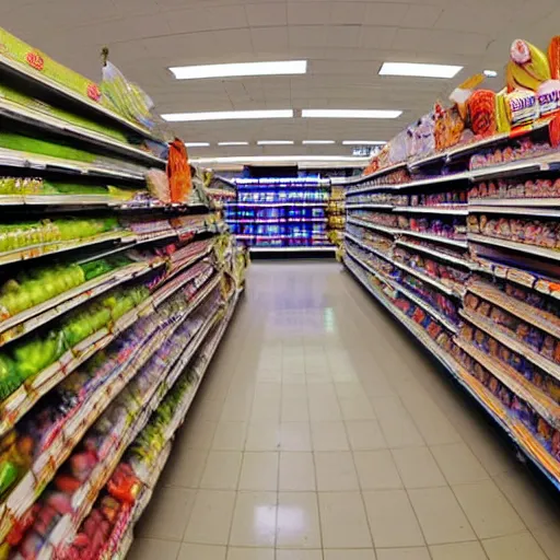 Image similar to supermarket aisles, shoppers, fisheye lens, color, fluorescent lighting,