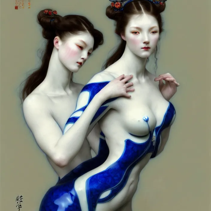 Image similar to porcelain cyborg, Chinese Blue and white porcelain 14th century, diffuse lighting, fantasy, intricate, elegant, highly detailed, lifelike, photorealistic, digital painting, artstation, illustration, concept art, smooth, sharp focus, art by John Collier and Albert Aublet and Krenz Cushart and Artem Demura and Alphonse Mucha