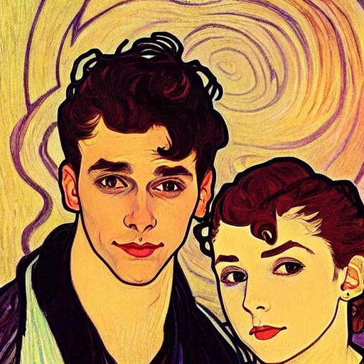 Image similar to painting of handsome young delicate beautiful jeffrey in his 2 0 s with brown hair and gorgeous rina together at the jack o'lantern halloween party, elegant, clear, painting, stylized, art, art by alphonse mucha, vincent van gogh, egon schiele,