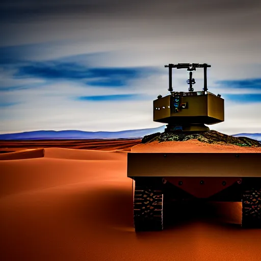 Prompt: mobile camoflaged rugged weather station sensor antenna on tank treads, for monitoring the australian desert, XF IQ4, 150MP, 50mm, F1.4, ISO 200, 1/160s, dawn