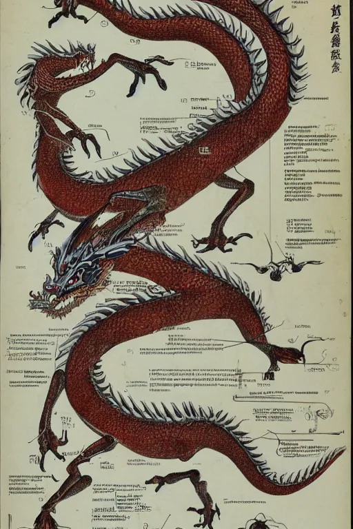 Prompt: anatomical encyclopedia illustration of a chinese dragon, photorealistic, diagram, intricate details