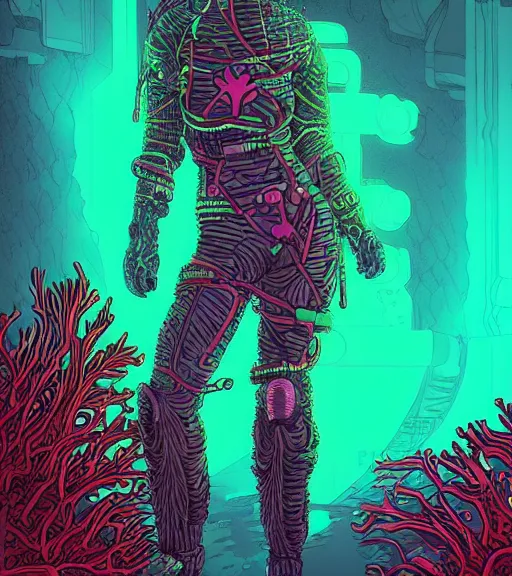 Image similar to a cyberpunk diver Polynesian woman swims through a dark bioluminescent alien coral reef, techwear, Industrial Scifi, detailed illustration, character portrait, by Martin Grip and Moebius