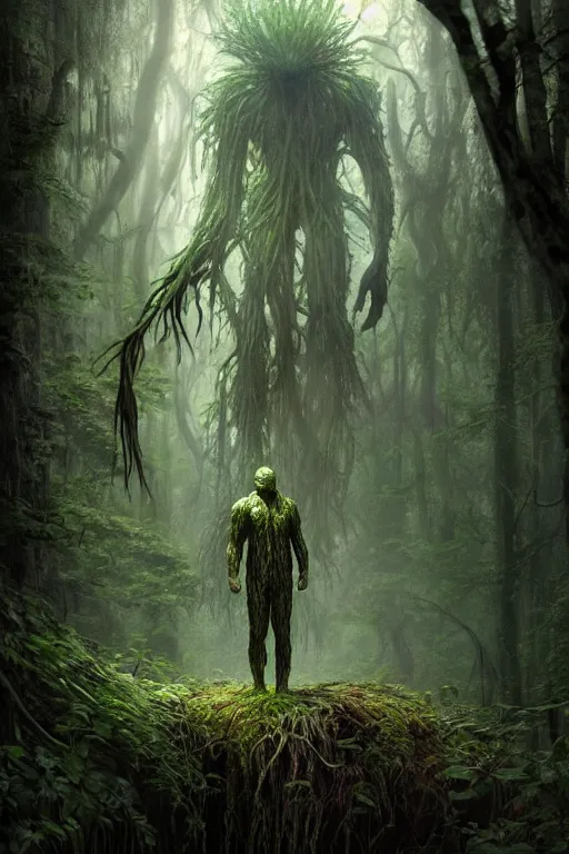 Image similar to realistic photo of swamp thing, sad walk through creepy forest, look at crashed ufo on rocks. deep focus, intricate, elegant, highly detailed, digital painting, art station, concept art, matte, focus sharp, illustration, art by artgerm and greg rutkowski and alphonse mucha