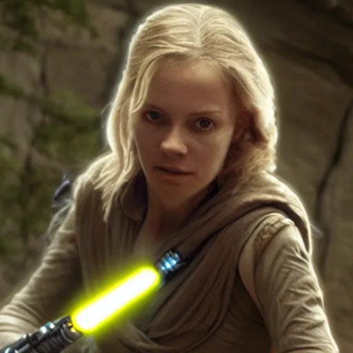 Image similar to young karen fisher as a jedi in star wars, 8k resolution, full HD, cinematic lighting, award winning, anatomically correct