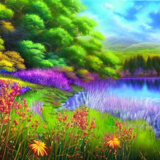 Prompt: meadow with colorful flowers and lake detailed airbrushed magical realism landscape painting 4 k