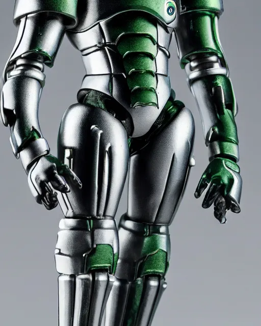 Image similar to portrait of a figurine of cyborg from the sci - fi nintendo videogame metroid. glossy. silver round helmet, silver shoulder pads, green visor. shallow depth of field. suit of armor.