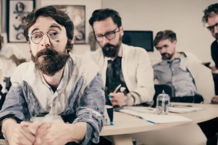 Prompt: A movie frame of a hipster film maker standing in a board room being eaten by zombie investors