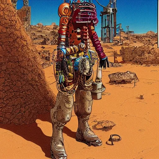 Prompt: cyborg cowboy in a desert space wild west town, highly detailed, by moebius