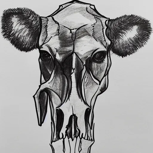 Image similar to a black pen sketch of a cow skull, beginner, intermediate art, anatomy, paper art