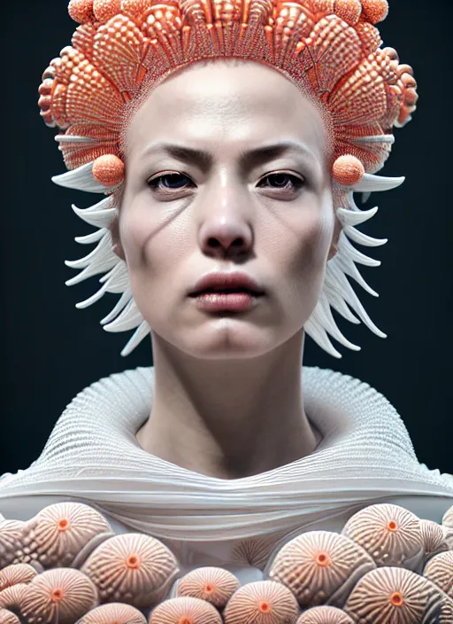 Image similar to portrait of an absurdly beautiful, graceful, sophisticated, saitama, hyperdetailed illustration by irakli nadar and alexandre ferra, intricate linework, white porcelain skin, faberge, coral headdress, unreal engine 5 highly rendered, global illumination, radiant light, detailed and intricate environment