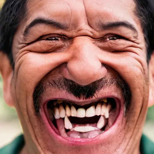 Prompt: a really close - up shot of a laughing mexican man, photography, 8 k