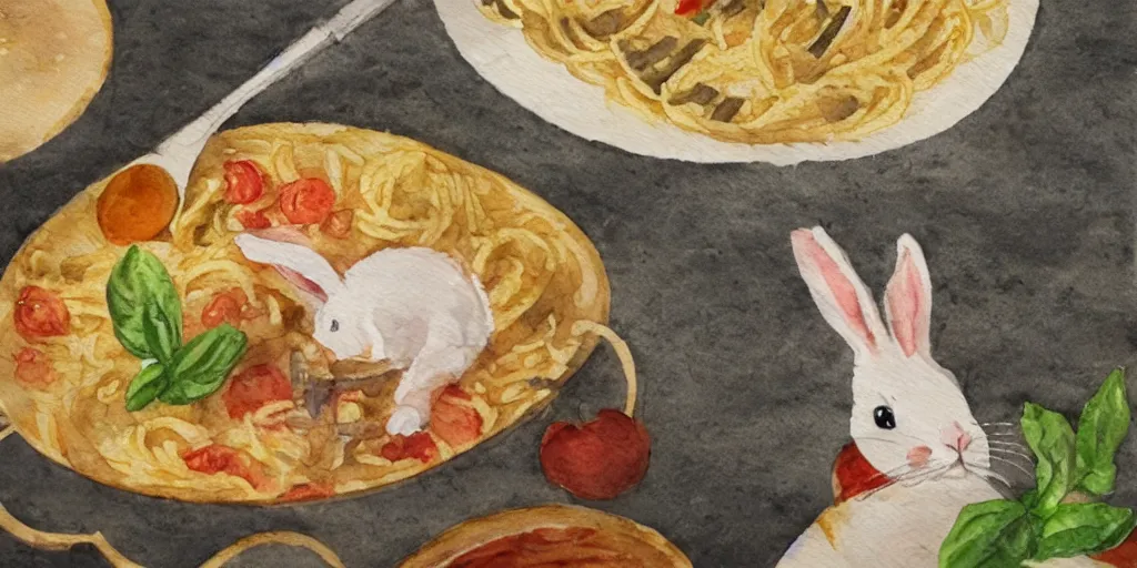 Image similar to a rabbit cooking pasta in a french restaurant, realistic watercolour