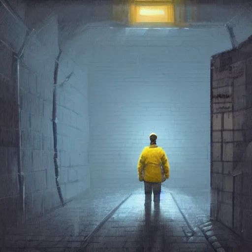 Prompt: shakespeare standing in a damp prison cell, dimly lit, painting, simon stalenhag, blue and yellow color scheme, moody concept art artstation hyperdetailed