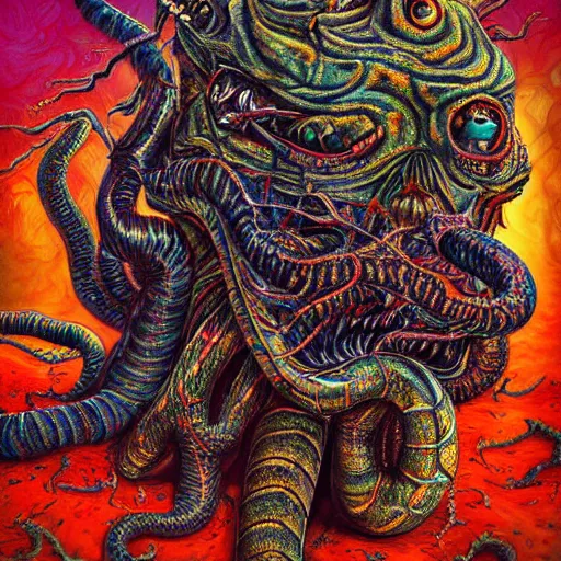 Image similar to a hyper - detailed high painting of giant heads joined by snakes, the heads are open they have spiked scales and sharp teeth, the mouth is open and monstrous beings of all kinds run and scream, psychedelic horror surreal art cosmic horror weird bizarre art