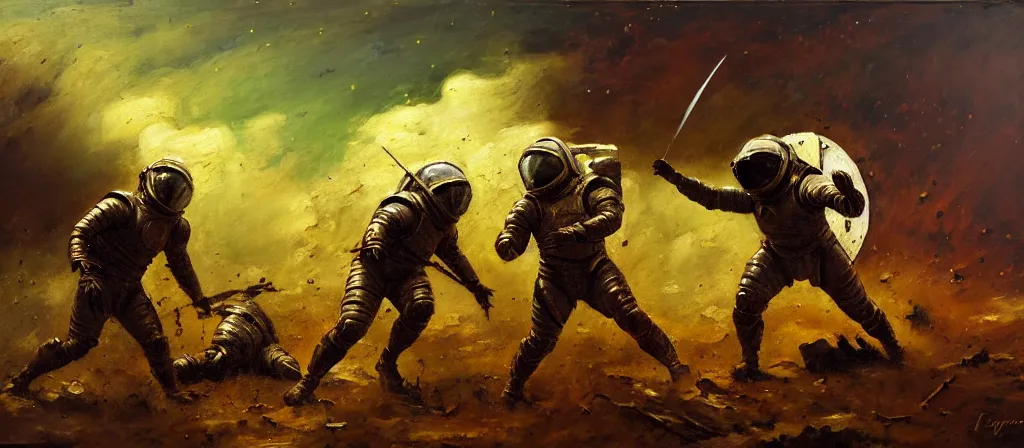 Prompt: battle scene, gladiator - astronaut using knives, segmented armor, luminist style, tonalism, dramatic lighting, action scene, palette knife, frenetic brushwork, chiaroscuro, figurative art, detailed, proportions, spatter, dust, atmospheric, volumetric lighting, red iron oxide, raw sienna, and sage green