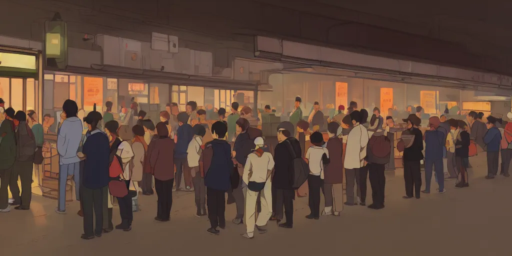 Image similar to queue at a ticketing counter in an old cinema, early morning, detailed matte painting, low angle view, telephoto lens, bokeh, studio ghibli, artstation