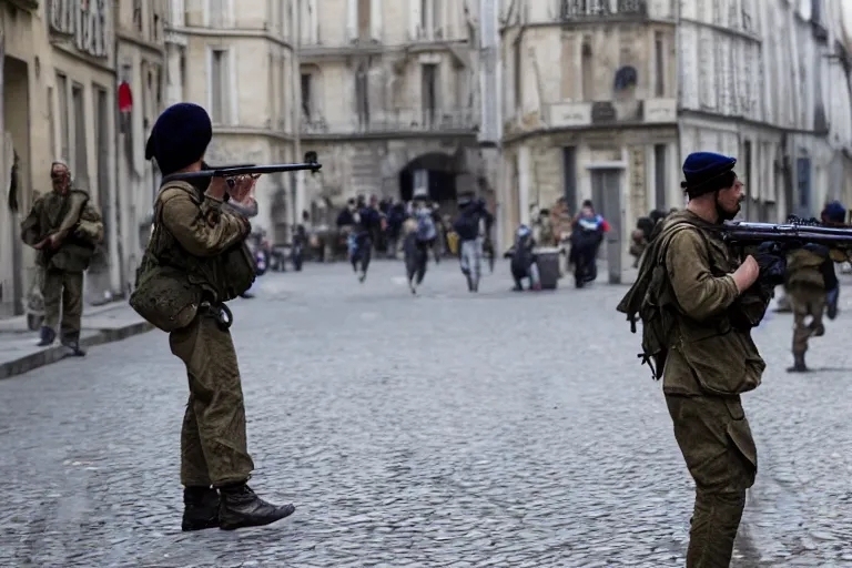 Prompt: first personal view soldier firing in the street of France, photojournalism detailed