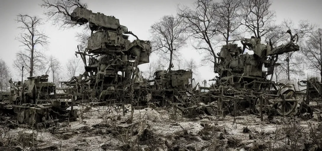 Image similar to the horrific machines of war are reclaimed by nature