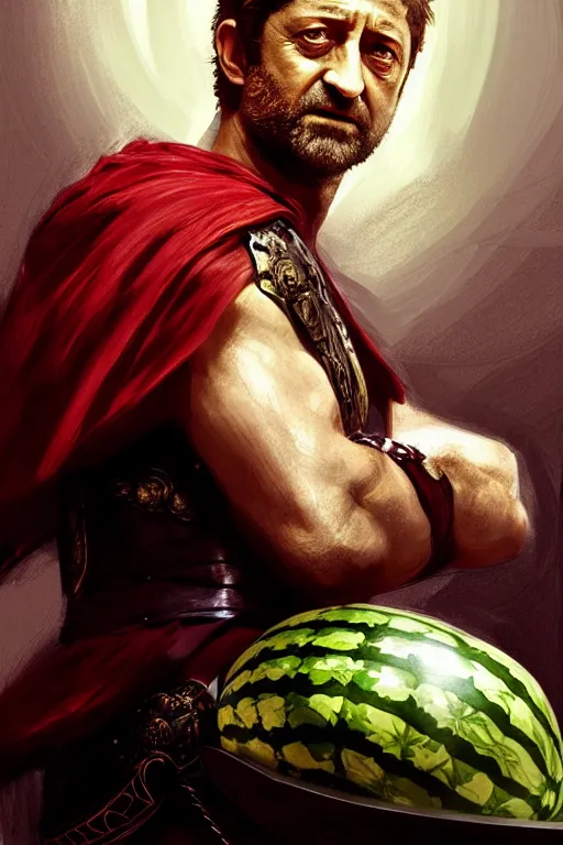 Image similar to portrait gerard butler as a greek king sitting on a watermelon, greek, intricate, headshot, key visual, conceptart, ambient lighting, highly detailed, digital painting, artstation, concept art, sharp focus, by makoto shinkai and akihiko yoshida and greg manchess