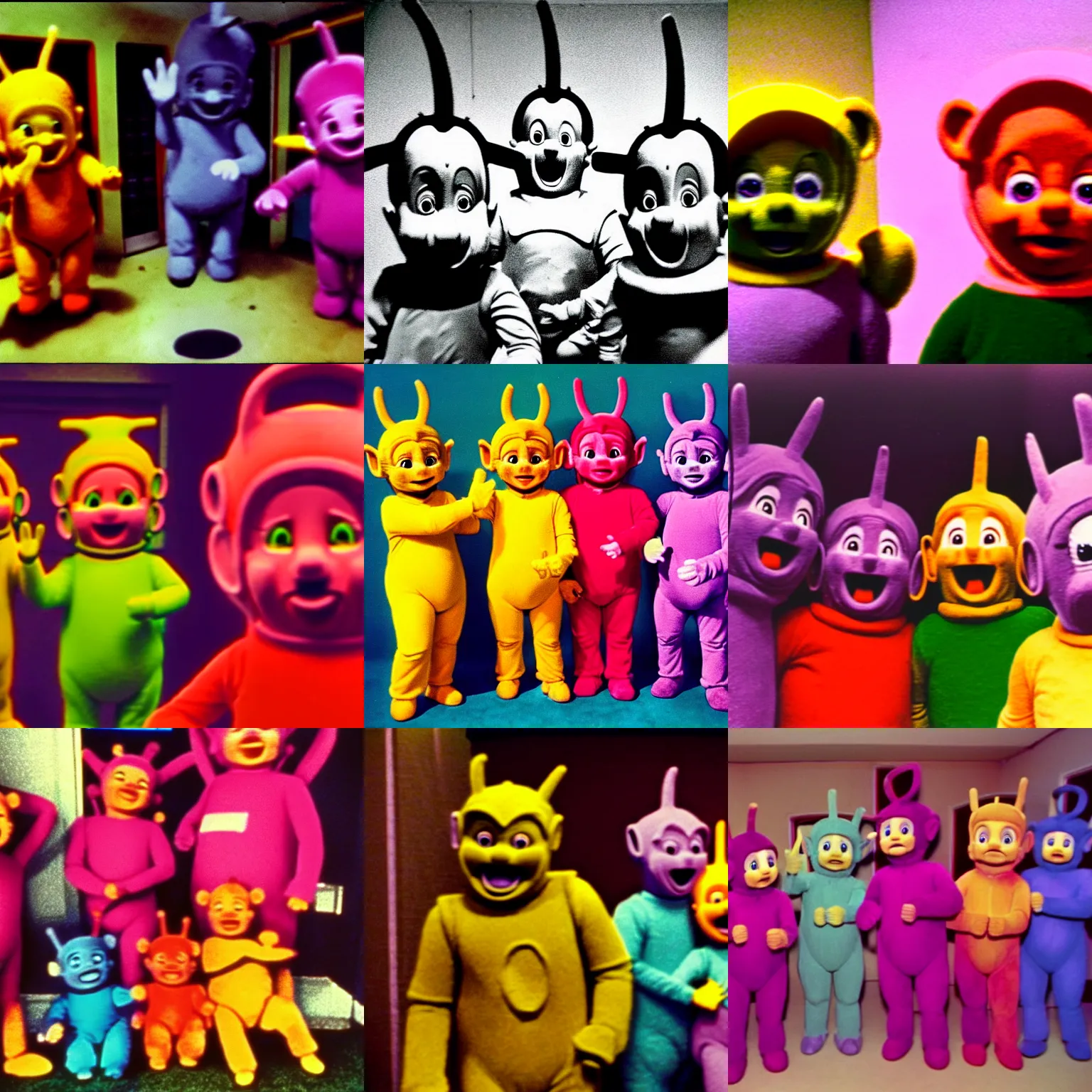 Prompt: 1 9 9 0 teletubbies in the backrooms, animatronics, disturbing, vhs filter, found footage