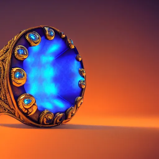 Image similar to a fantasy ring, blue glow, realistic reflections, intricate details, cinematic lighting, depth of field, octane render