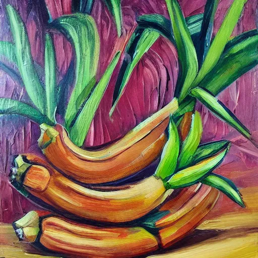 Prompt: baguettes on a banana palm, intricately detailed acrylic painting