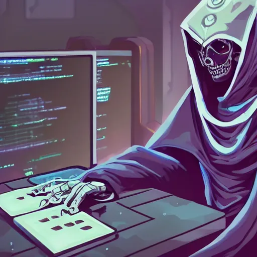 Prompt: a lich sitting in front of a computer writing code, phylactery in his other hand, cyberpunk style