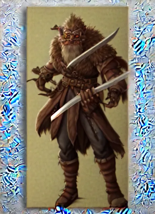 Image similar to strong young man, photorealistic bugbear ranger holding aflaming sword, black beard, dungeons and dragons, pathfinder, roleplaying game art, hunters gear, jeweled ornate leather and steel armour, concept art, character design on white background, by studio ghibli, makoto shinkai, kim jung giu, poster art, game art