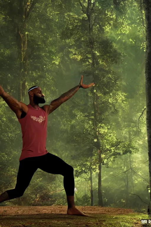 Prompt: lebron james doing yoga in the forest, cybertronian, long shot, cinematography by wes anderson, 4 k octane render, intricate detail, photorealistic, cinematic lighting, artstation