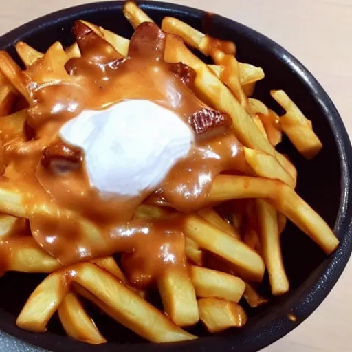 Image similar to a very realistic picture of a hot poutine the canadian dish, ultra realistic, hyper detail,