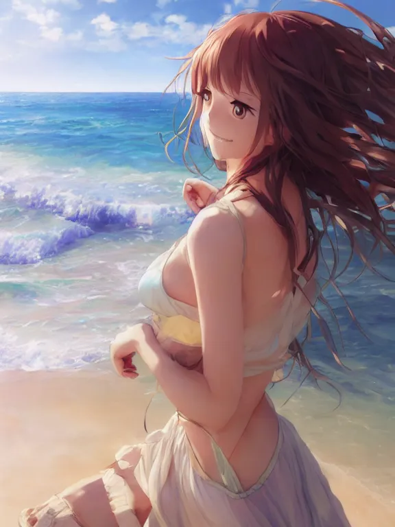Prompt: An anime portrait of a smiling woman on the beach near the ocean, by Stanley Artgerm Lau, WLOP, Rossdraws, James Jean, Andrei Riabovitchev, Marc Simonetti, and Sakimi chan