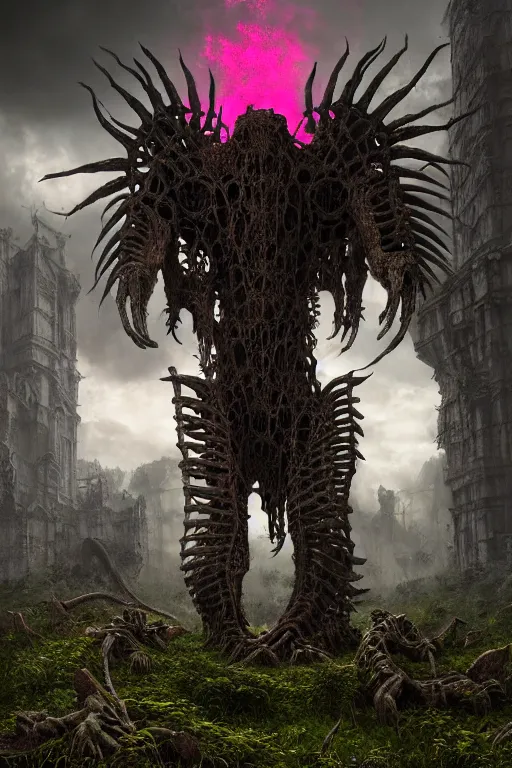 Prompt: post - gothic giant chimera, exoskeleton armor screaming, dystopian ruins covered in vegetation, highly detailed smooth digital art masterpiece, vitaly bulgarov giger dramatic pink light, ground angle hd 8 k, sharp focus