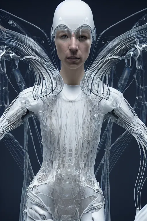 Image similar to iris van herpen, perfect symmetrical body, helmet on face, full body shot, inflateble shapes, wires, tubes, veins, jellyfish, white biomechanical details, wearing epic bionic cyborg implants, masterpiece, intricate, biopunk, vogue, highly detailed, artstation, concept art, cyberpunk, octane render