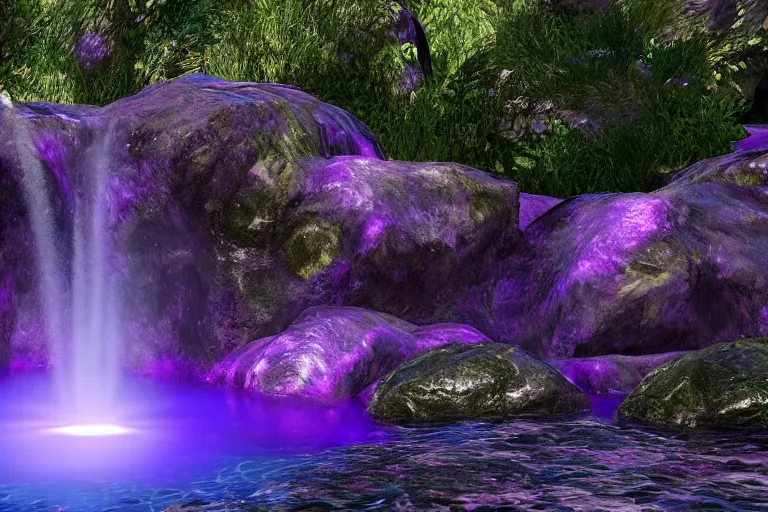 Prompt: A waterfall with glowing purple water. Cinematic lighting. Photorealism.