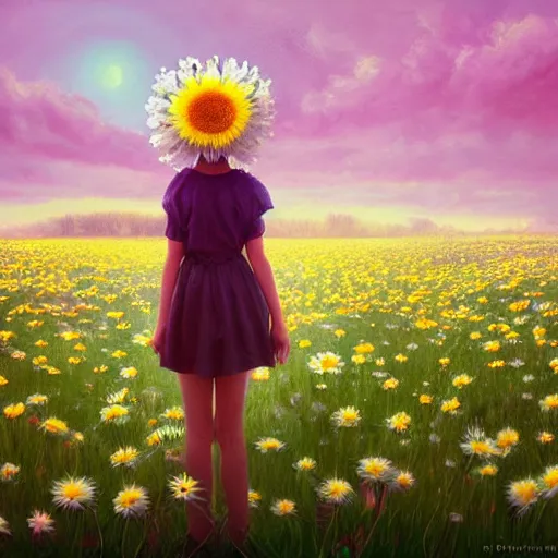 Image similar to full body daisy flower head girl standing in a flower field, her head is hidden behind the huge daisy flower,. surreal photography, sunrise, dramatic light, impressionist painting, colorful clouds, digital painting, artstation, simon stalenhag