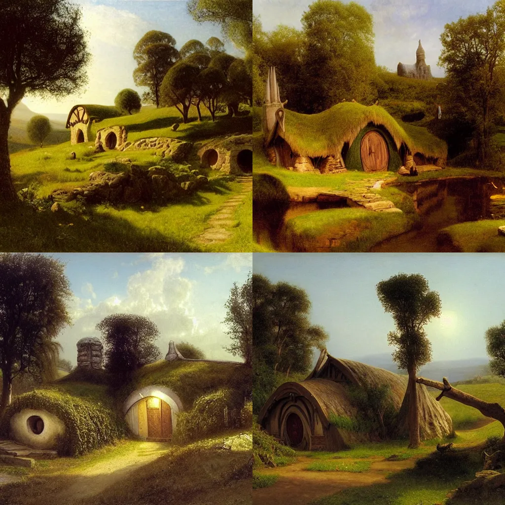 Prompt: Bag End, Hobbiton, The Shire in Middle Earth, by Albert Bierstadt and Charles Victor Guilloux and Vilhelm Hammershøi