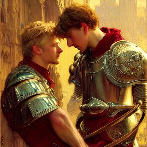 Image similar to attractive arthur pendragon and his attractive male knight, they are in love, natural lighting, path traced, highly detailed, high quality, digital painting, by gaston bussiere, craig mullins, alphonse mucha j. c. leyendecker