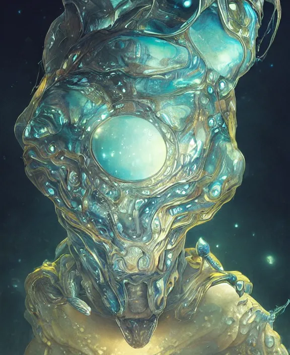 Prompt: portrait of a shining slime dripping abstract geometric angular insect alien monster, muscles, rippling, milky way environment, ultra realistic, concept art, intricate details, eerie, highly detailed, photorealistic, octane render, 8 k, unreal engine. art by artgerm and greg rutkowski and alphonse mucha