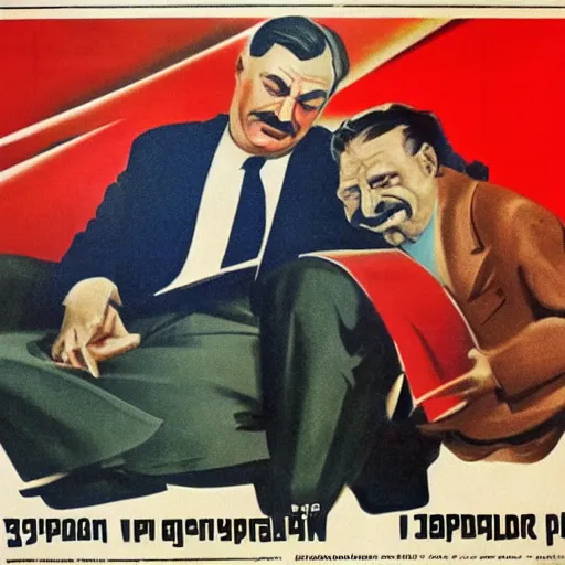 Image similar to hungarian prime minister viktor orban sitting in the lap of joseph stalin, soviet propaganda poster art from 1 9 5 0