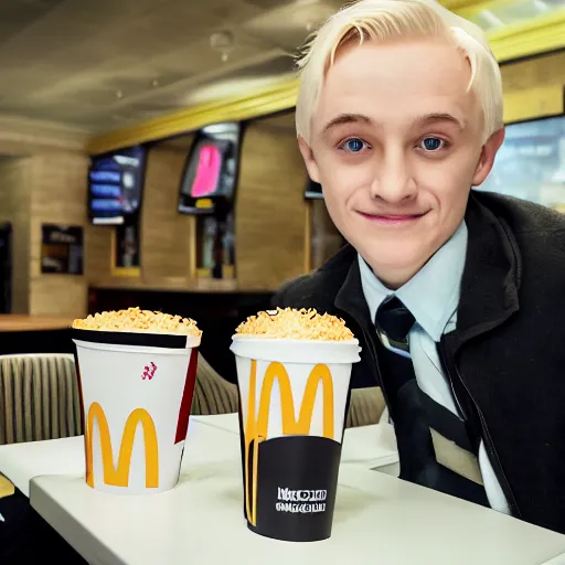 Prompt: Draco Malfoy and Eddie Munson sitting at a booth in McDonalds, McDonalds interior background, photo