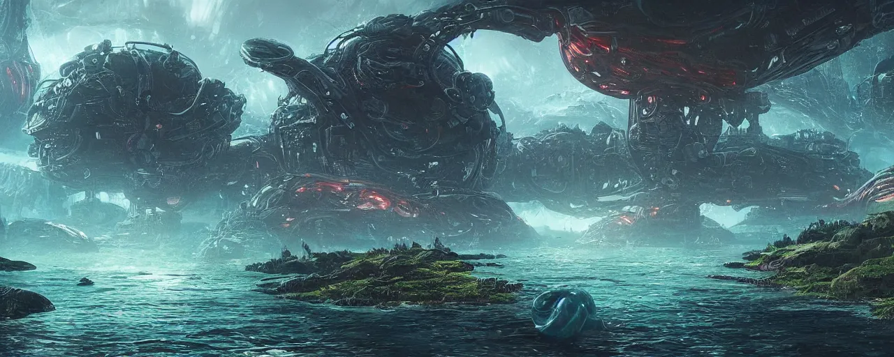 Image similar to ” water alien landscape, [ organic, liquid, cinematic, detailed, epic, widescreen, opening, establishing, mattepainting, photorealistic, realistic textures, octane render, art by slop and paul lehr ] ”