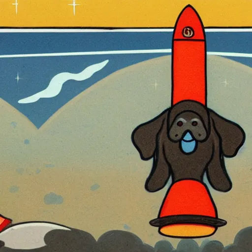 Image similar to overview of a red rocket with a evil dog in space