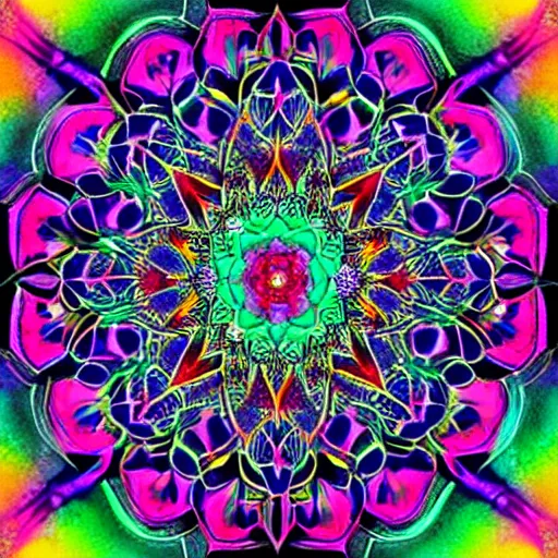 Image similar to “Four dimensional lotus mandala. Brightly coloured dripping Psychedelic kaleidoscope art, prize winning high definition linework structure, oil on water colour rainbow”