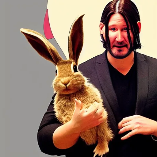 Image similar to keanue reeves posing with a rabbit wearing a john wick costume