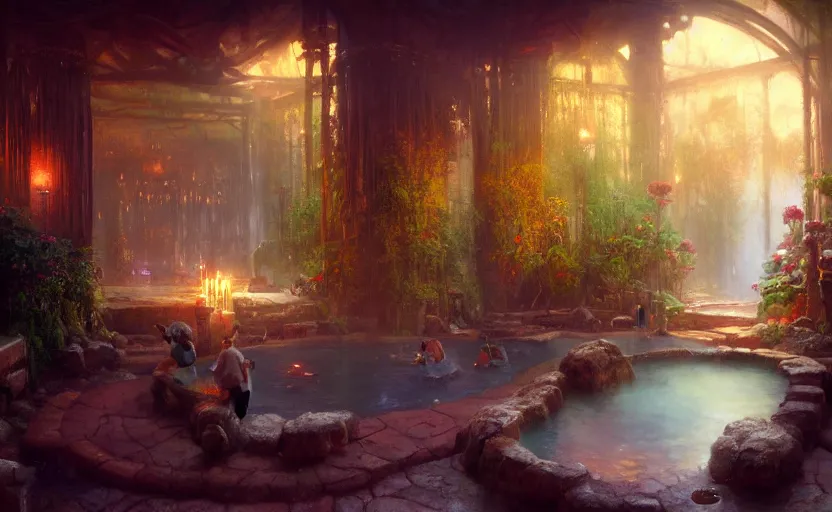 Prompt: painting of an interior of a hot spring with candles, fantasy, lush plants and flowers, natural light, concept art, by greg rutkowski and craig mullins, cozy atmospheric and cinematic lighting, trending on artstation