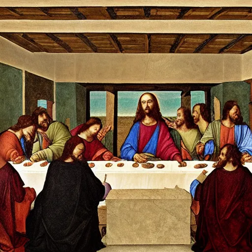 Prompt: painting of cate blanchett as Jesus in the last supper by Leonardo davinci