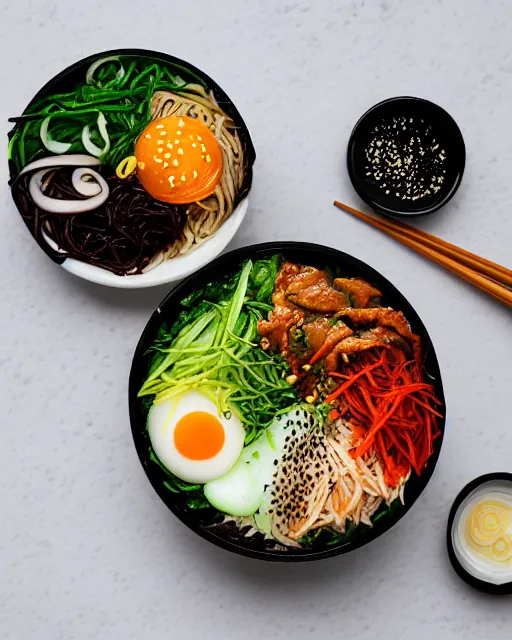 Image similar to realistic photo of delicious bimbimbap, bowl, white kitchen table, cloth, onion, greenery, marble, highly detailed, by louise lister, sara ali, mary devinat, kailee mandel, masterpiece, award winning, food photography