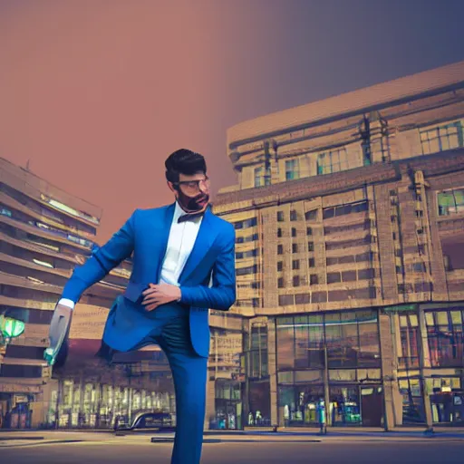 Prompt: a man with an elegant blue suit, photography, 3 d render, at night, buildings, dinosaur, strawberries - n 6