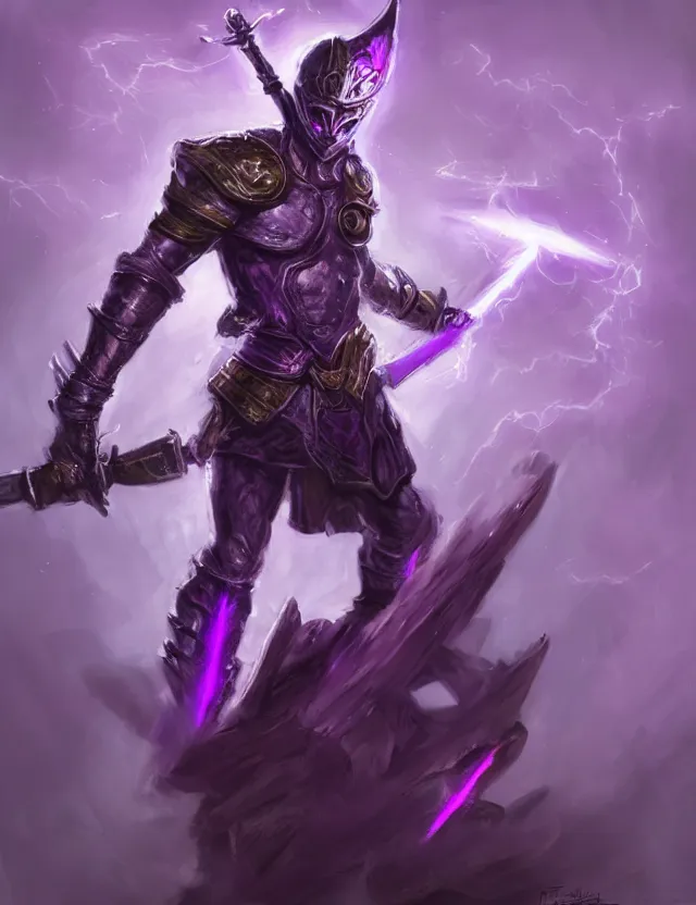 Image similar to a masked warrior in purple armour glowing violet, wielding a large purple sword that flashes with lightning, by frank fazetta and peter mohrbacher, trending on artstation, digital art, 4 k resolution, detailed, high quality, hq artwork, coherent, insane detail, concept art, character concept, character full body portrait